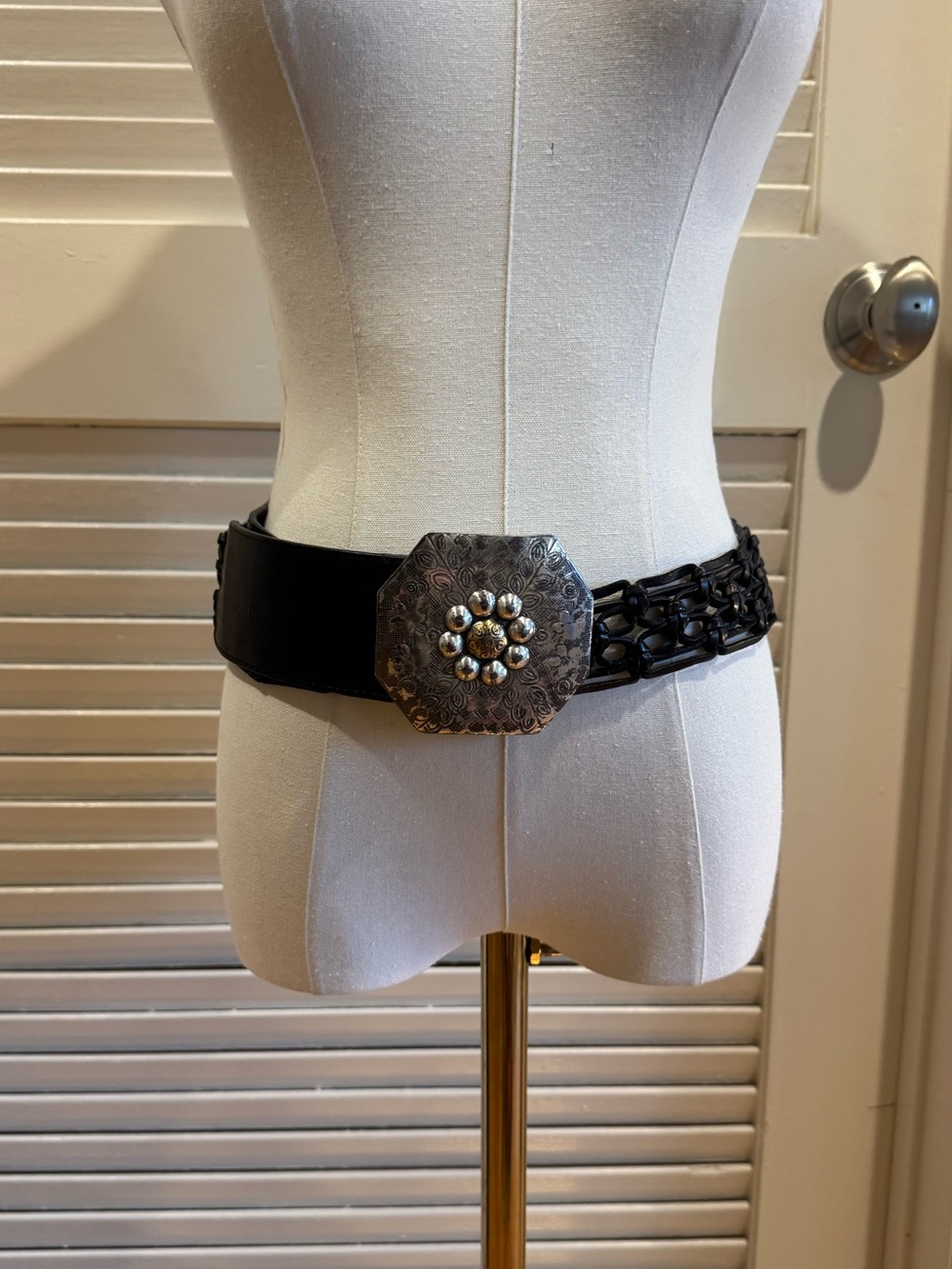 Vintage black woven belt with silver buckle